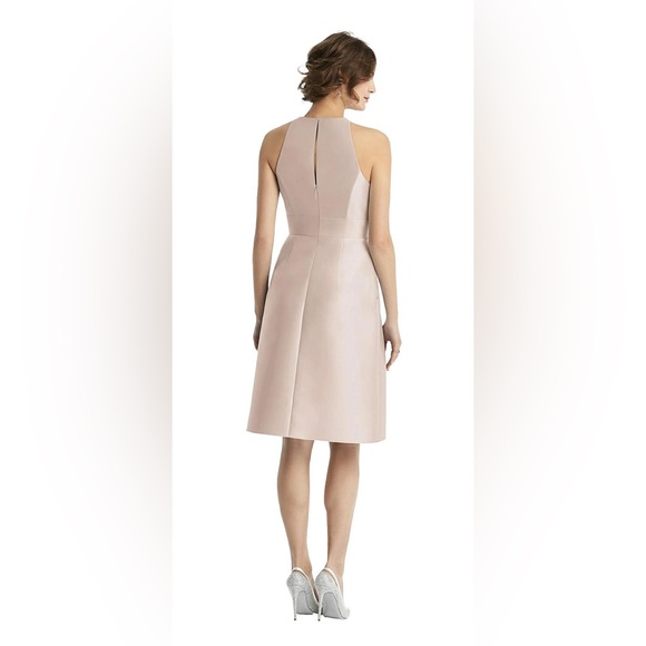 Alfred Sung High-Neck Satin Cocktail Dress With Pockets - D769 - Picture 2 of 10